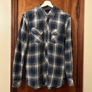 Outpost Makers Shirt Top Blue Gray Plaid Flannel Button Up Long Sleeve Large Men